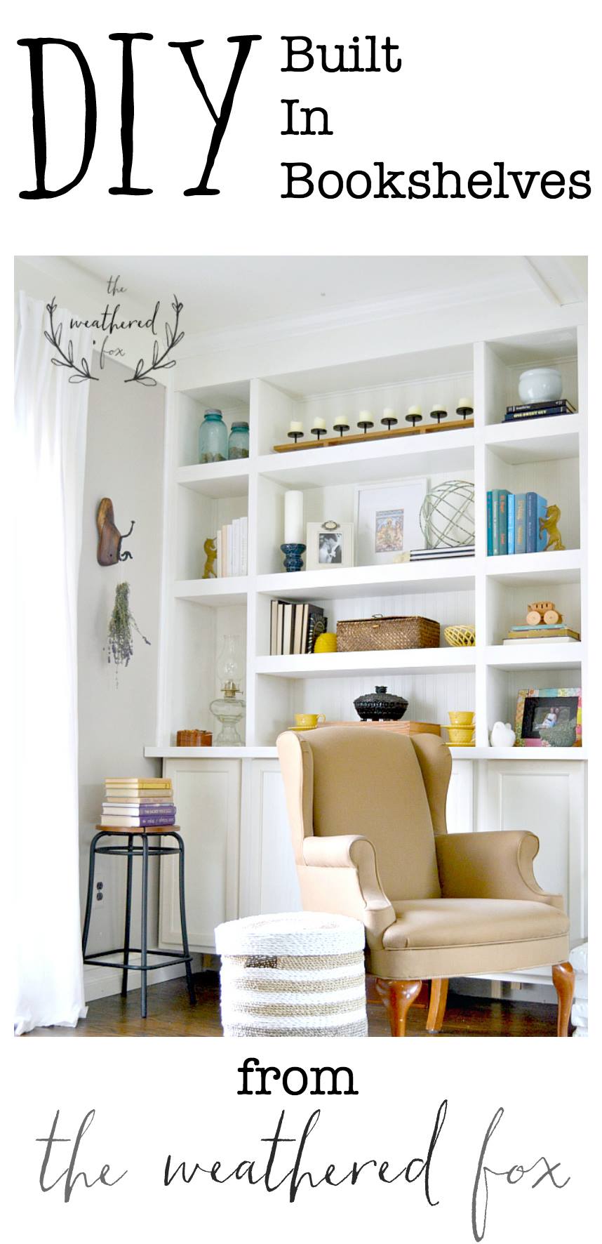 Built Ins DIY. Seriously the easiest tutorial I have found for DIY Built In Bookshelves. She even gives her supply list for this #DIY #Built In #Bookshelf #tutorial theweatheredfox.com