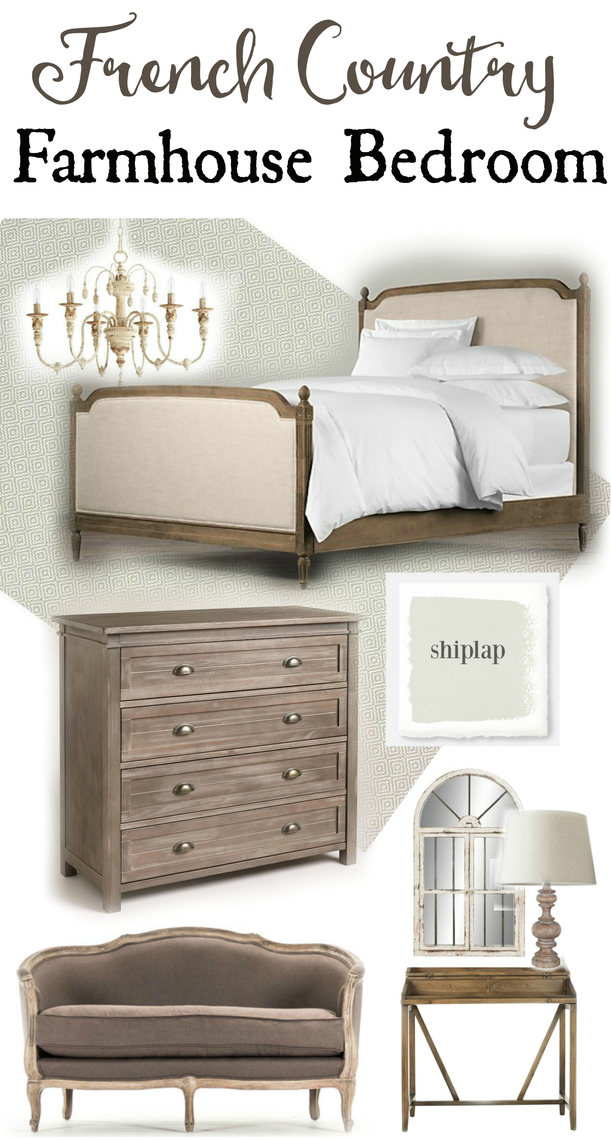 Create a romantic bedroom with this french country farmhouse bedroom decor. Go to theweatheredfox.com to buy farmhouse bedroom products and decor!