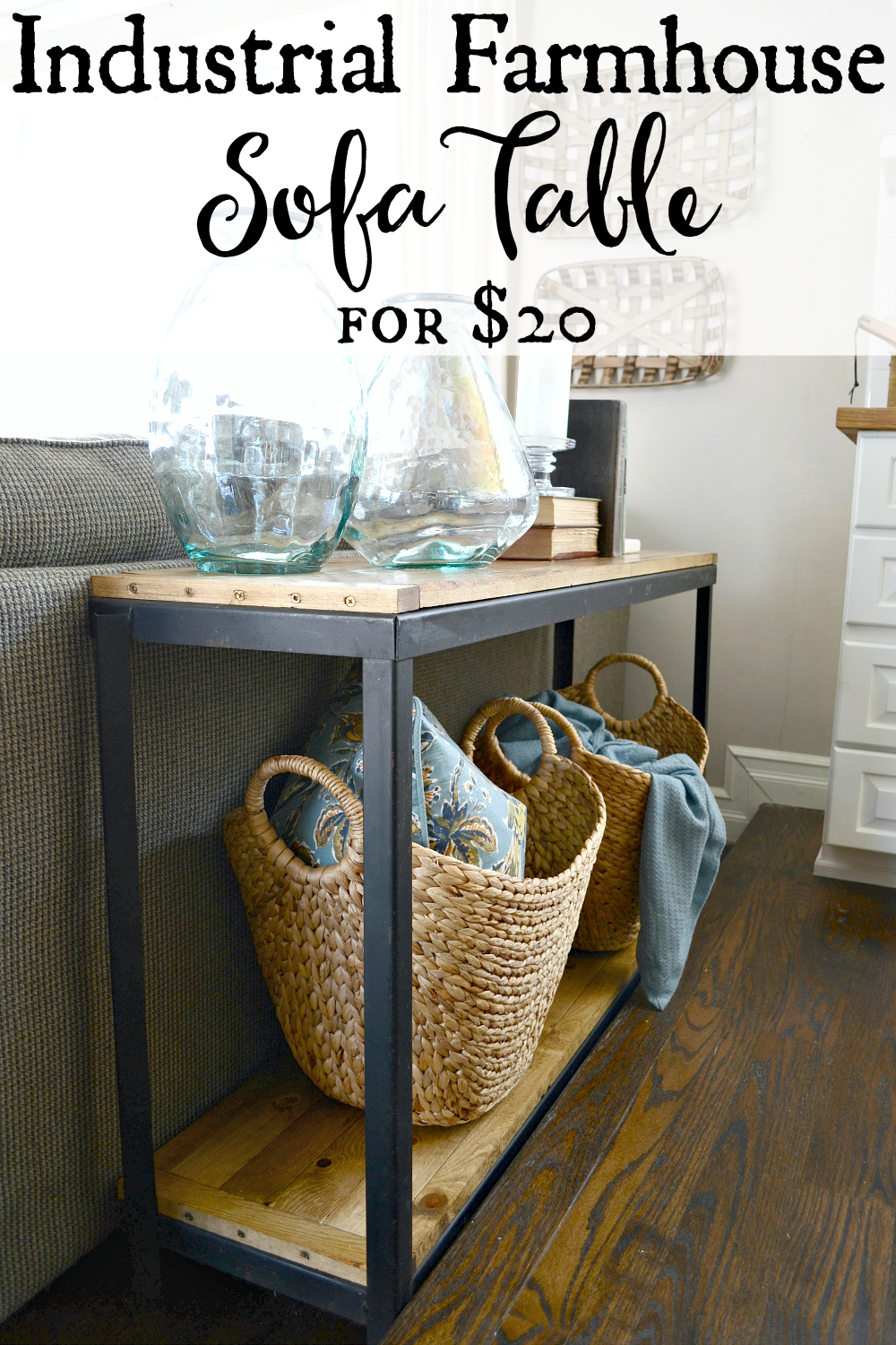 DIY Farmhouse Industrial sofa table. Turn a metal shelf into rustic shelving. Find out more at theweatheredfox.com