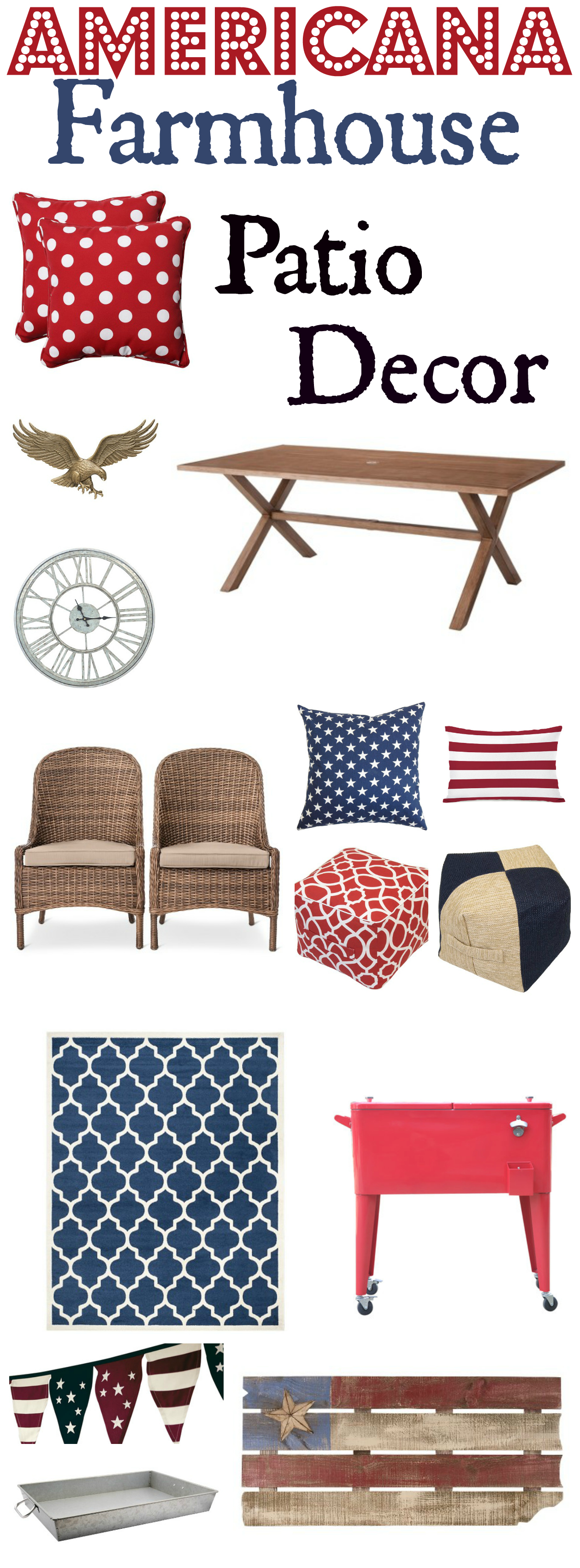 Red White and blue patio decor for your memorial day parties fourth of July Parties and Labor Day parties. Create a patriotic patio this summer with these patio decor options!