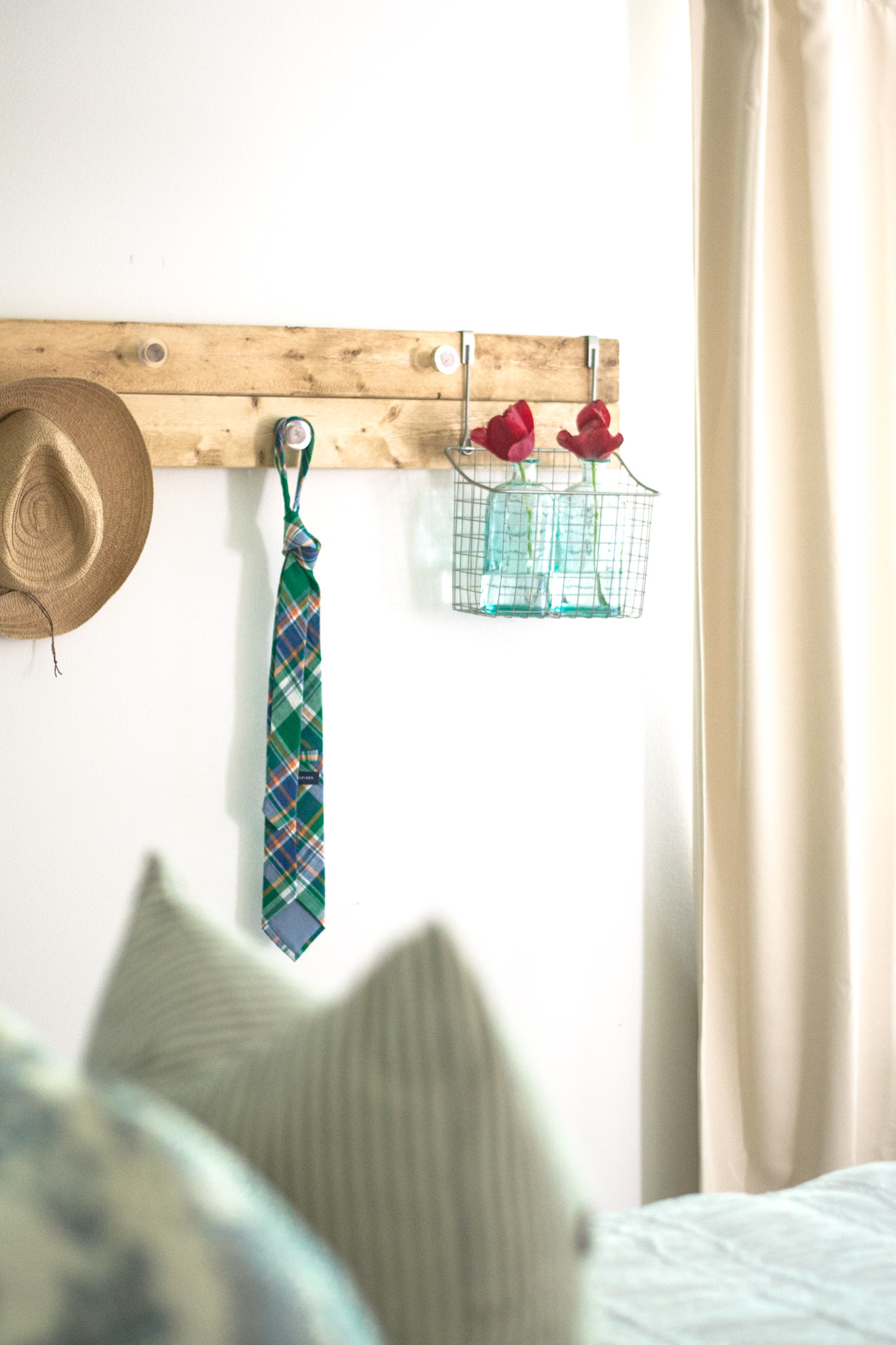 DIY Wall Rack for bedroom. Easy way to keep clutter off the floor and dresser!