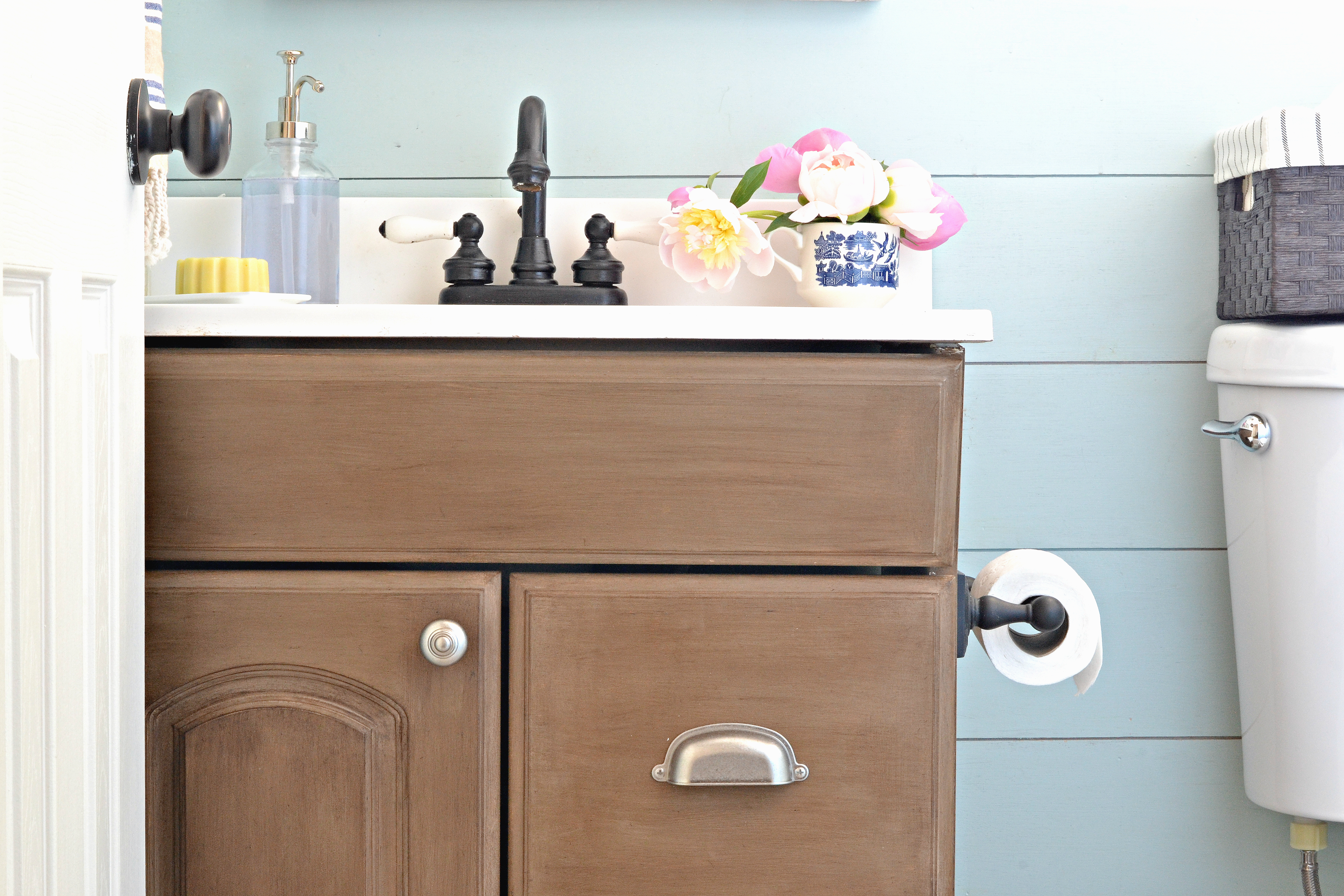 DIY Faux Painted Wood Look idea for vanity update.