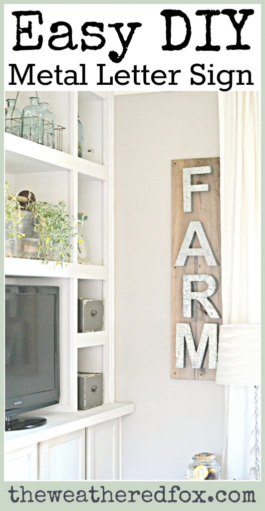 Easy DIY Metal Letter Sign. I love this DIY farmhouse sign! I need to pick up some pallet wood and some metal letters. Can't wait to try it! So Easy!