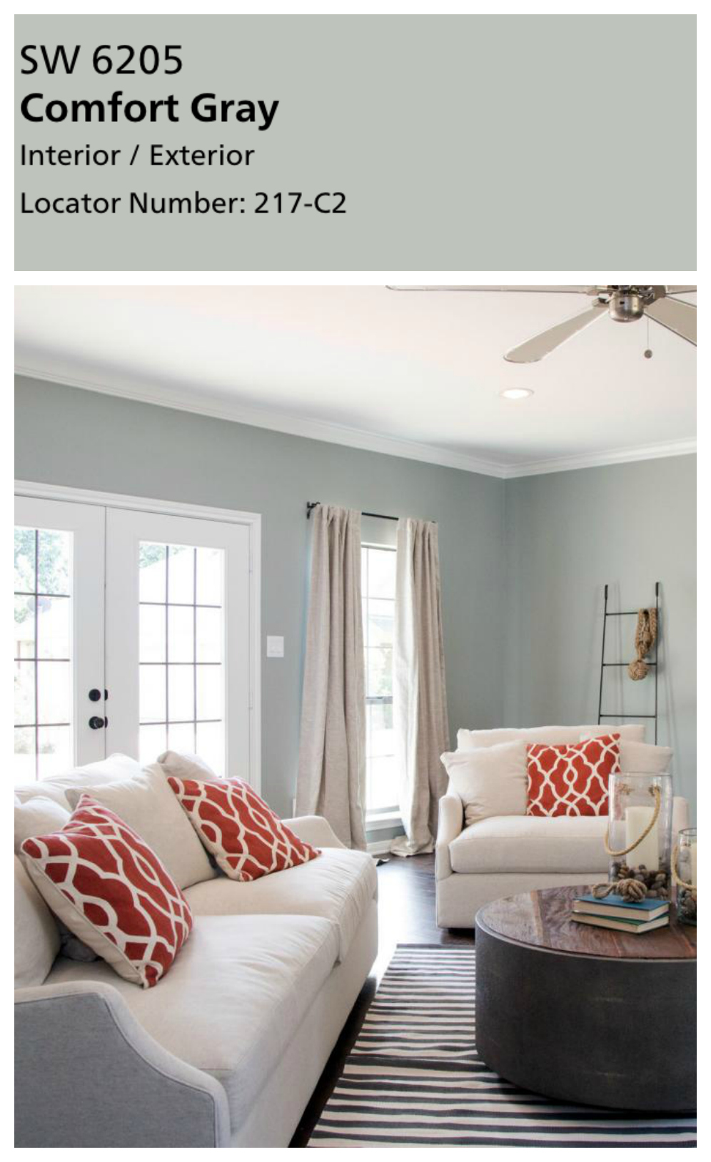 Joanna's favorite paint colors. Sherwin Williams Comfort Gray really isn't very gray at all in my opinion. It's another dusty blue green. And I'm in love with it! Joanna uses this color in living rooms and bedrooms that need a color that a little more bold, but this color is never overbearing! Perfect for a guest room or office.