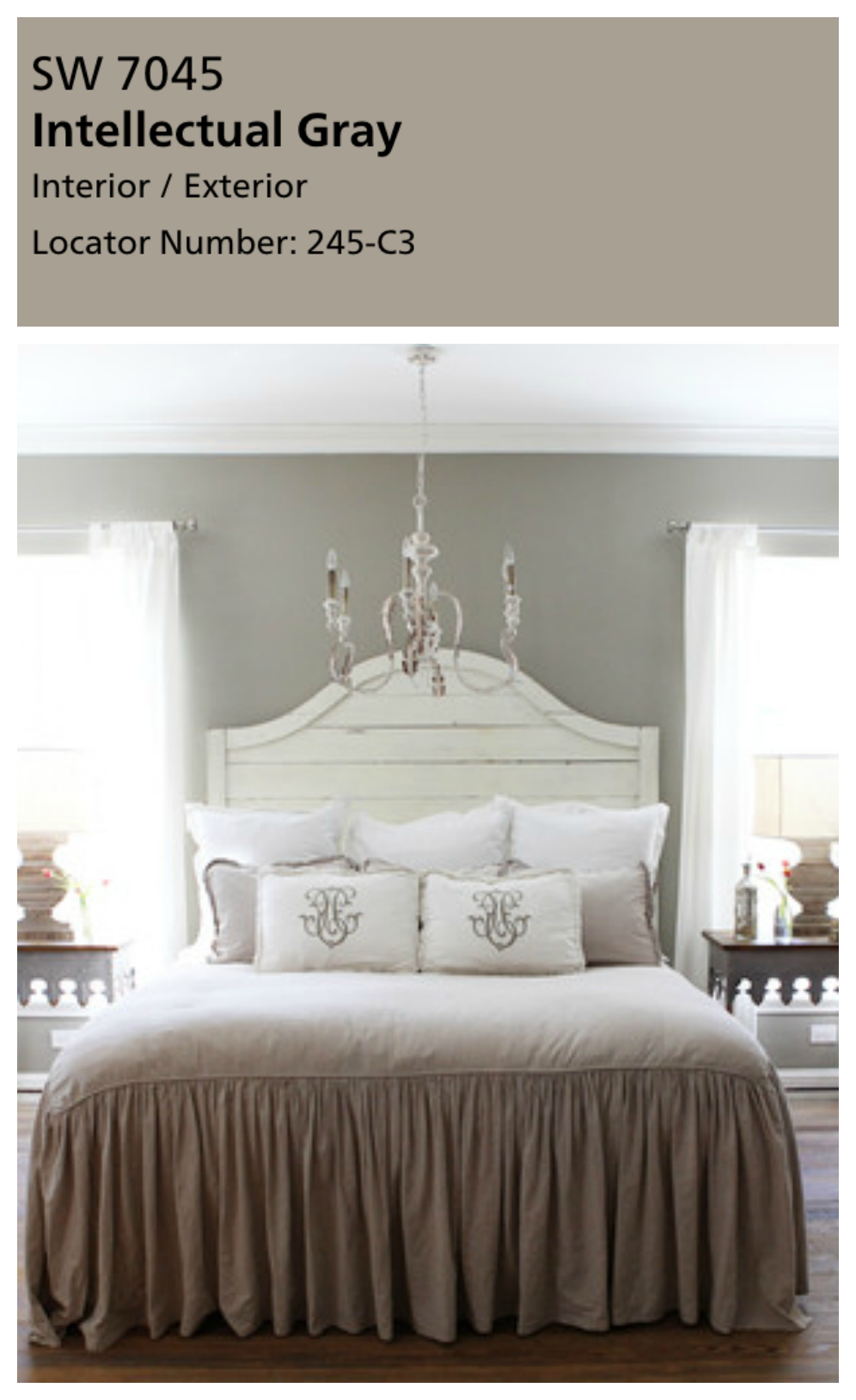 Fixer Upper Master Bedroom paint color. A master bedroom is the perfect place for sherwin Williams Intellectual Gray. This color has a beautiful warmth to it, especially against a wood floor. Joanna used this color for her master bedroom and I just can't get enough! Be careful though, if your bedroom doesn't have great natural light, this color might be a mistake.