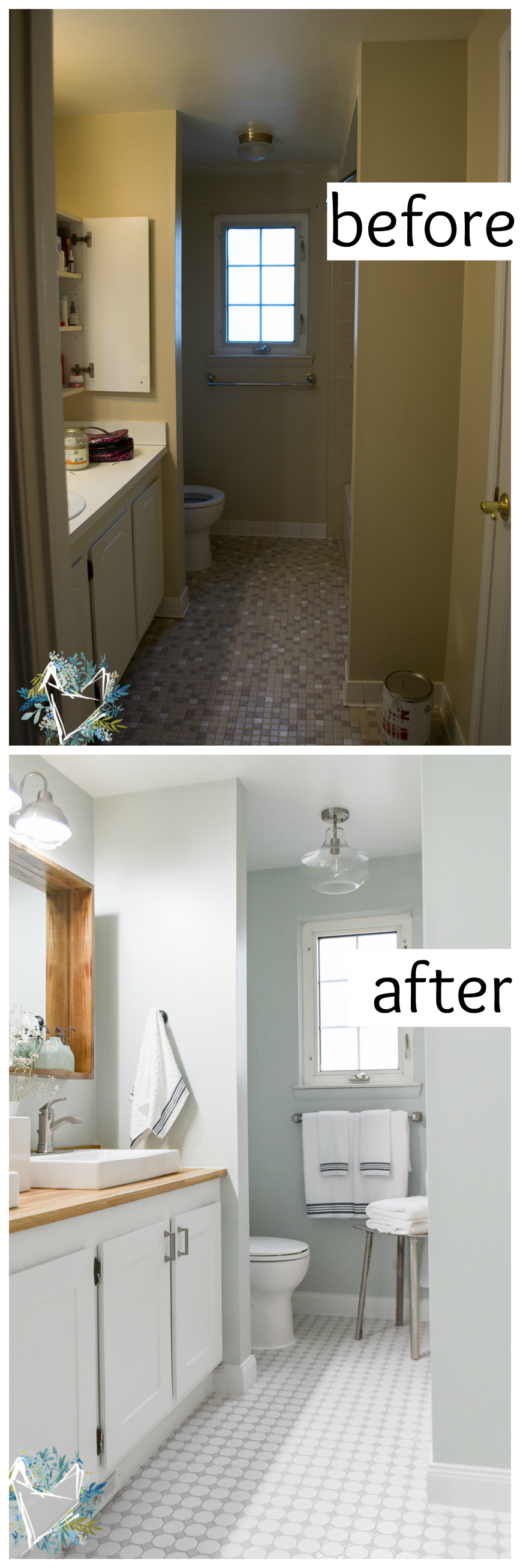 before and after modern farmhouse bathroom renovation! You have to see how this bathroom makeover was done on a budget!