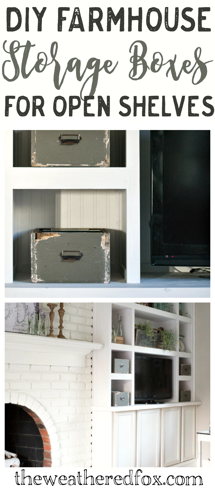 How to make farmhouse storage boxes for open shelves.