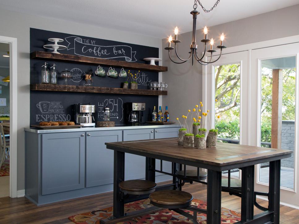 Stylish Coffee Bar with Chalkboard, Black Cabinets, and Floating