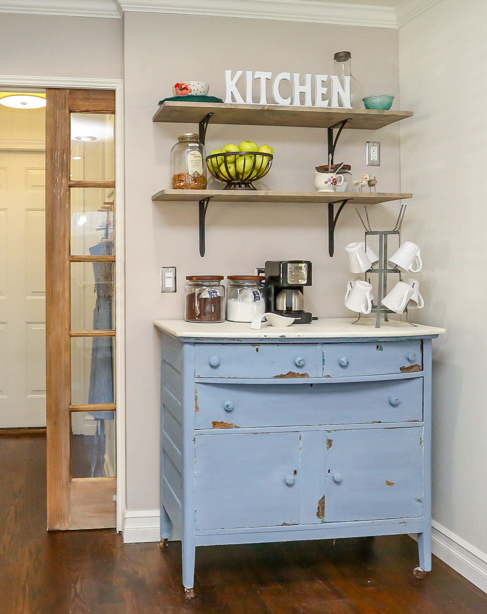 DIY Farmhouse Coffee Bar. How to make open shelves. i made this coffee bar for my kitchen in less than an hour!