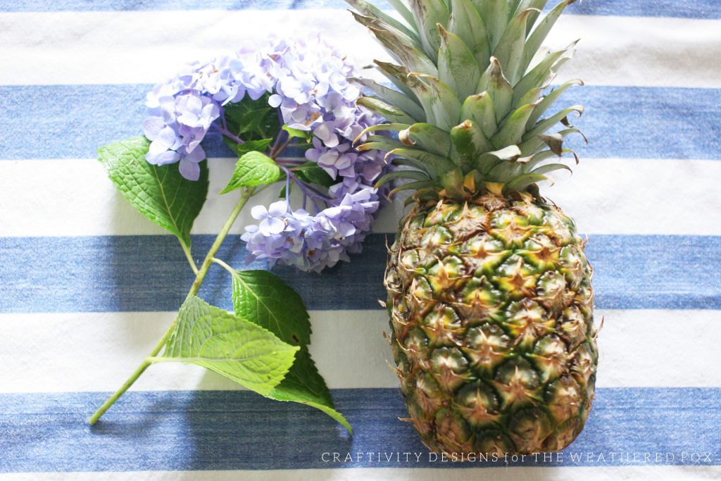 Simple Pineapple Centerpiece with Hydrangeas and Blueberries. Free Pineapple Party Printable. Craftivity Designs for the Weathered Fox