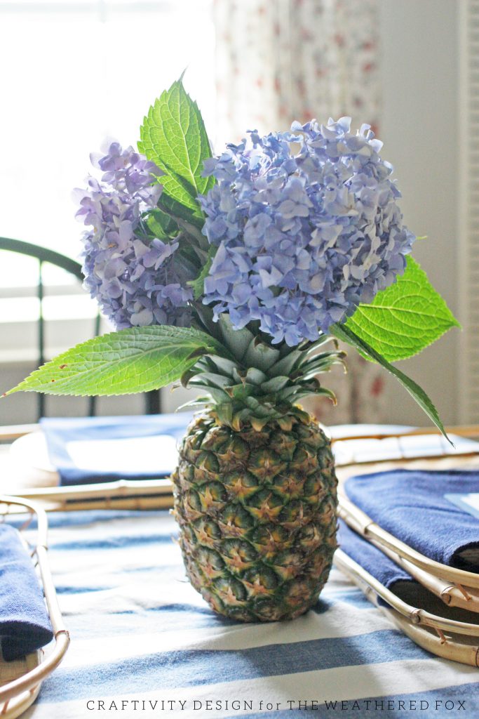 Simple Pineapple Centerpiece with Hydrangeas and Blueberries. Free Pineapple Party Printable. Craftivity Designs for the Weathered Fox