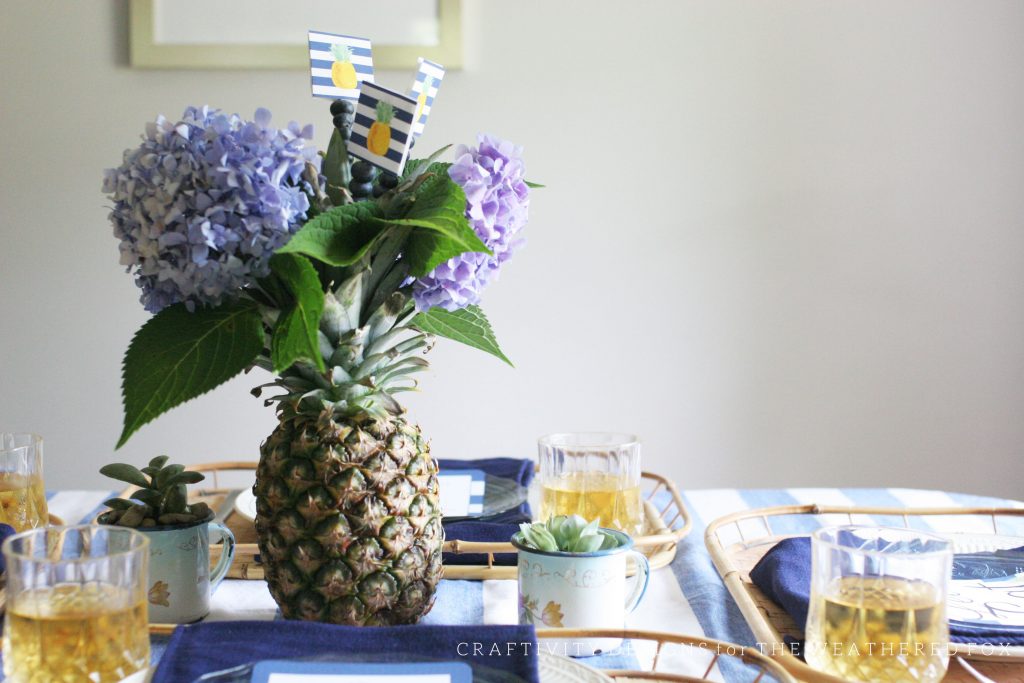  Simple Pineapple Centerpiece with Hydrangeas and Blueberries. Free Pineapple Party Printable. Craftivity Designs for the Weathered Fox