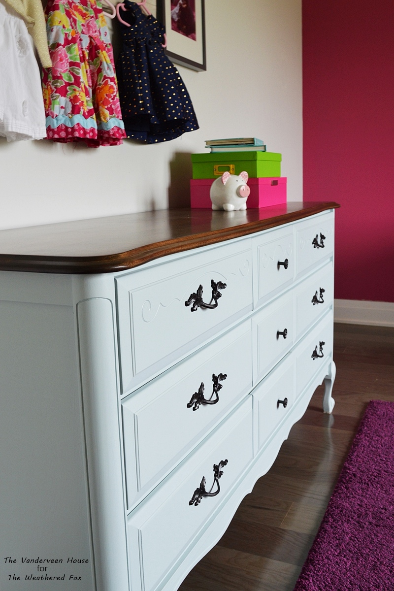 Light blue french provincial dresser makeover with oil rubbed bronze hardware