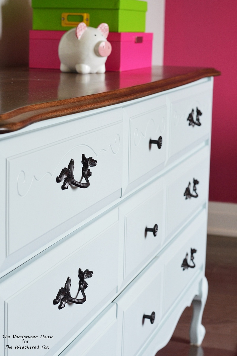 French provincial light blue dresser makeover using general finishes milk paint persian blue and snow white