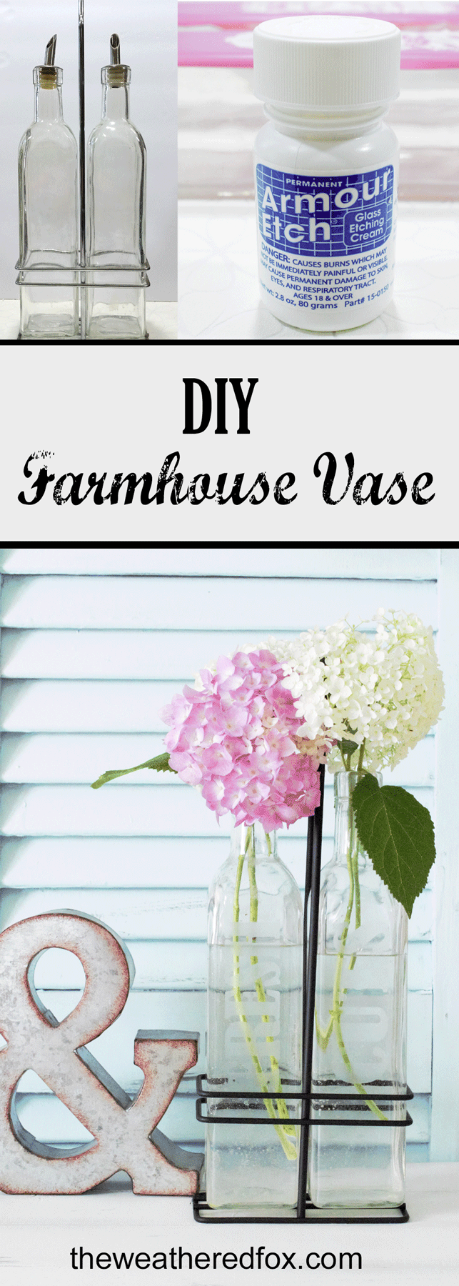 Creating a DIY farmhouse vase is easy using some upcylced bottles and etching cream. I love the clean, farmhouse style and these will blend perfectly! - www.theweatheredfox.net