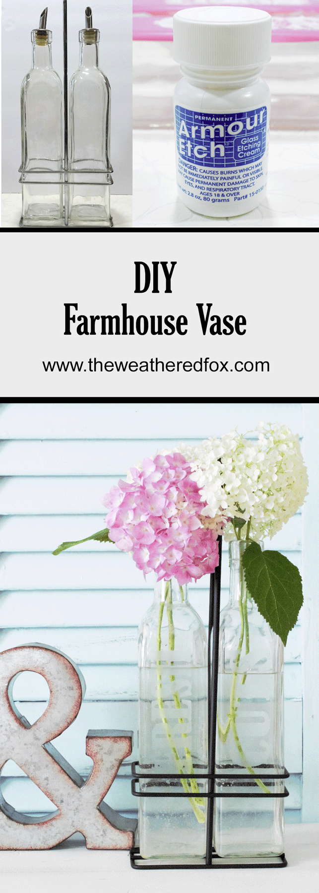 Creating a DIY farmhouse vase is easy using some upcylced bottles and etching cream. I love the clean, farmhouse style and these will blend perfectly! - www.theweatheredfox.net