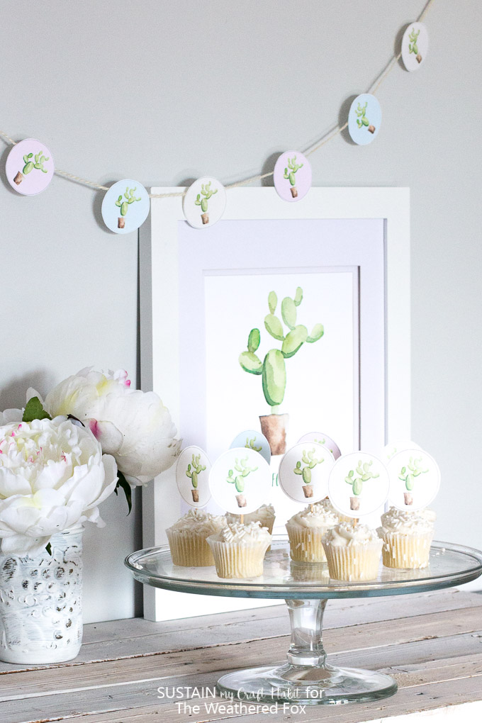 Perfect for a cactus party or shower! Free printable watercolor cactus cupcake toppers.