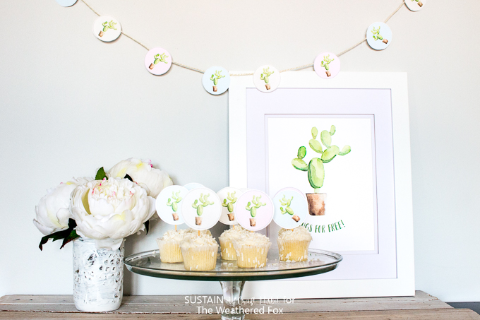 Free watercolor cactus printables! Cupcake toppers, garland and more. Perfect for a tropical birthday party, bridal or baby shower.