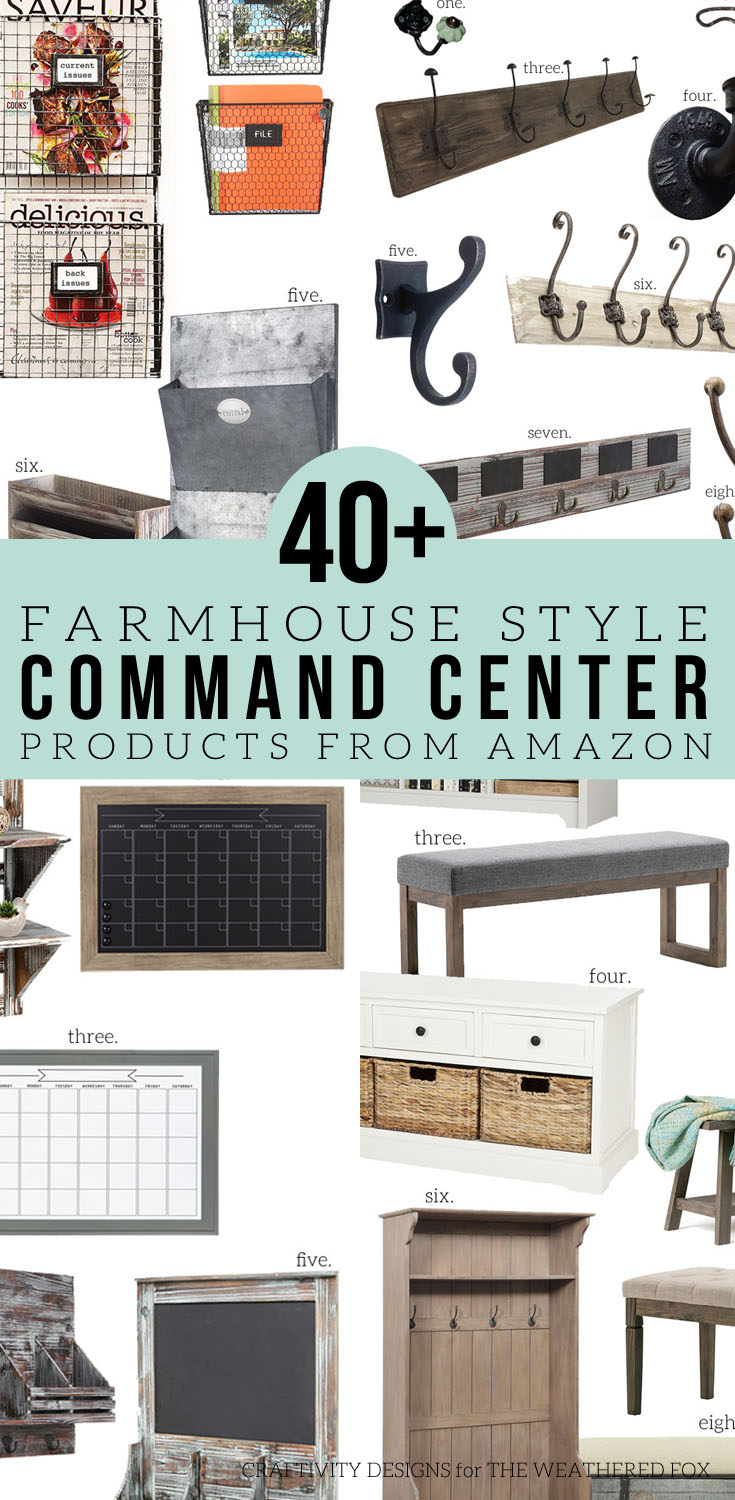 How to Make a Farmhouse Style Command Center with products from Amazon. Hooks, Mail Sorters, Calendars, Message Boards, Benches and more -- picked out for you!