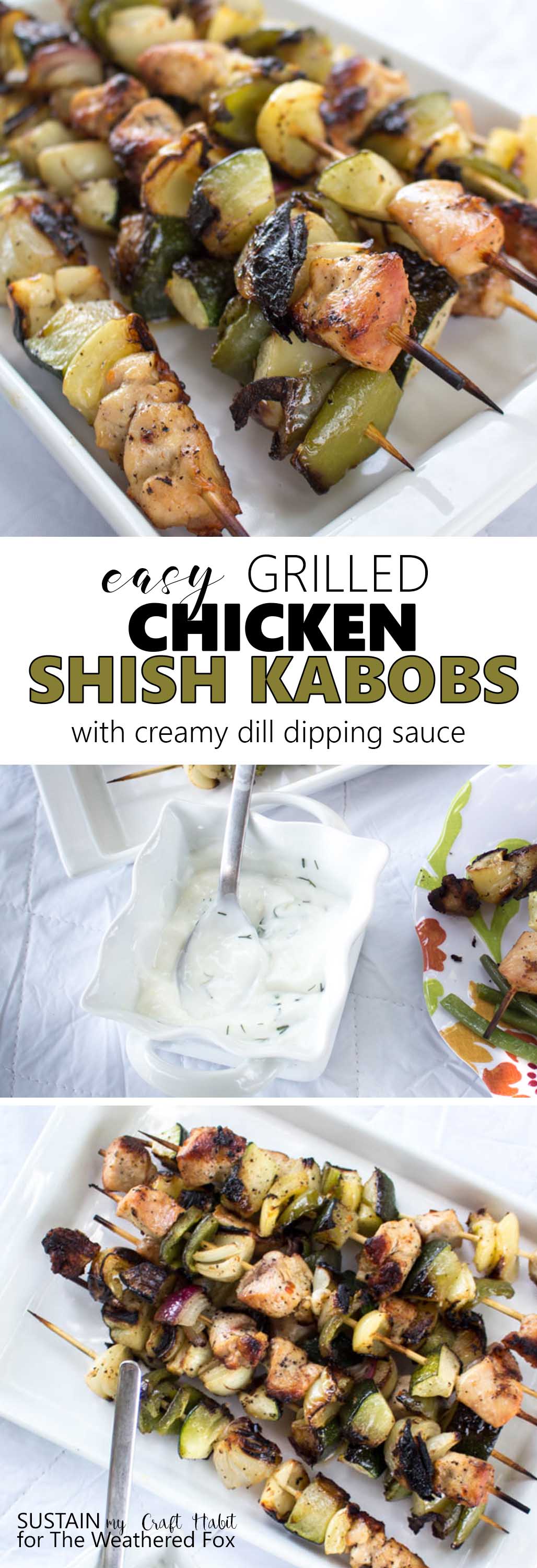Perfect for BBQ season! Simply seasoned grilled chicken shish kabob with a creamy garlic dill dipping sauce. A low-fat, gluten-free dinner recipe idea that's perfect for entertaining.