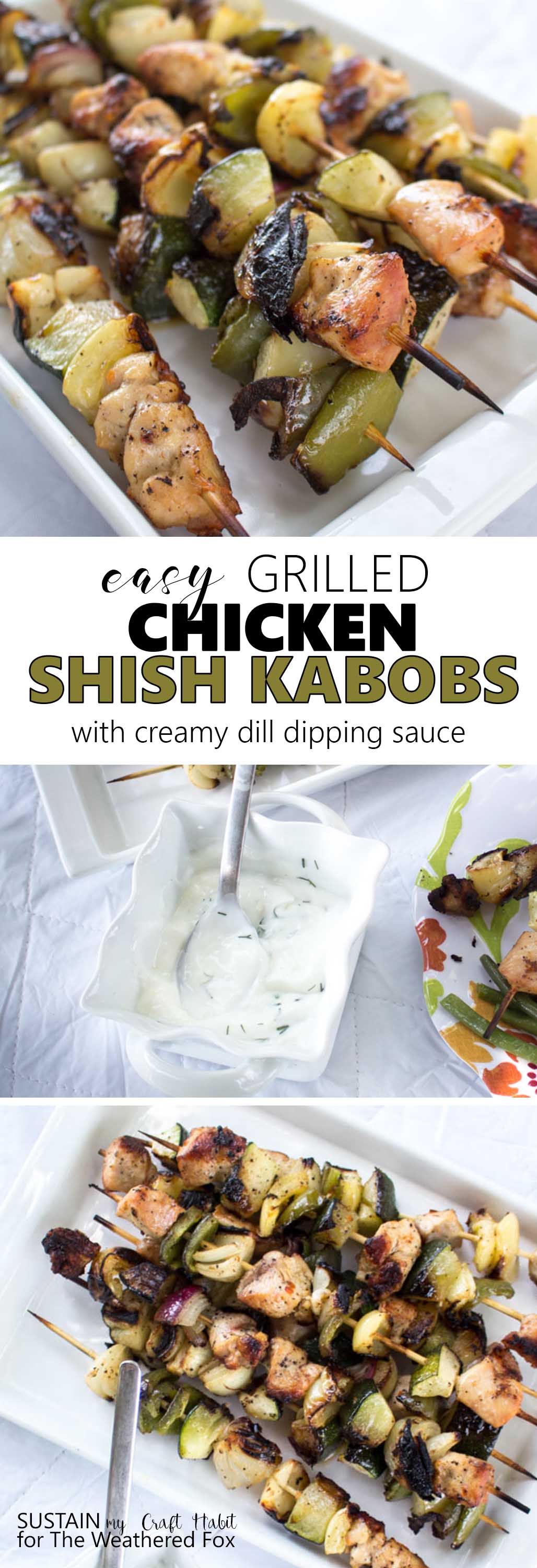 Perfect for BBQ season! Simply seasoned grilled chicken shish kabob with a creamy garlic dill dipping sauce. A low-fat, gluten-free dinner recipe idea that's perfect for entertaining.