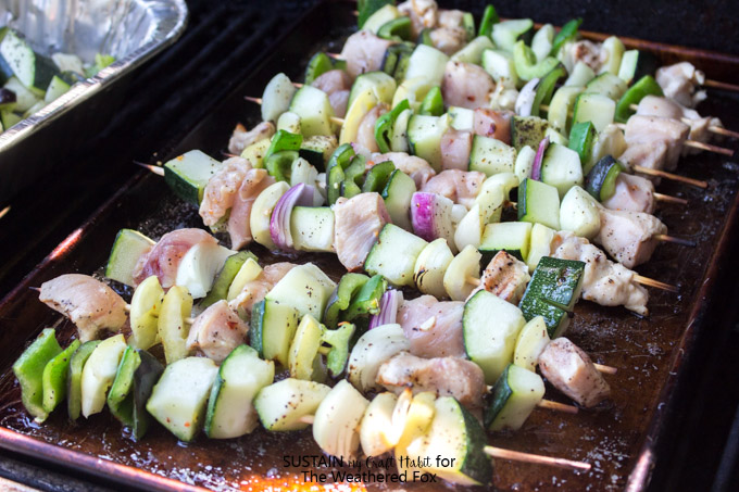 Simple grilled chicken shish kabob recipe with a creamy dill dip. Delicious low-fat, gluten free dinner or BBQ idea!