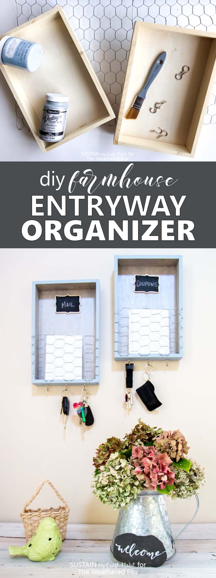 Get your home organized with a DIY entryway organizer. This farmhouse style home organization idea is a great place for your keys, coupons and to sort incoming mail! Full tutorial included.