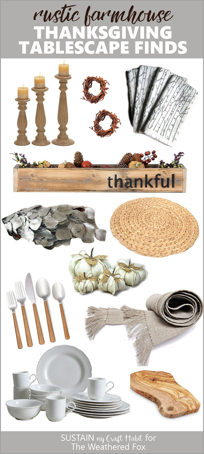 Create a gorgeous rustic farmhouse Thanksgiving tablescape with these budget-friendly items. #Thanksgiving #shoppingguide #tablescape #modernfarmhouse #fixerupper