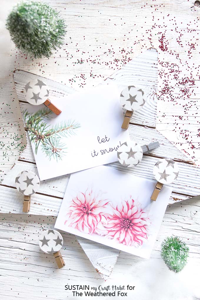 Beautiful holiday themed greeting cards and star DIY photo display clips.