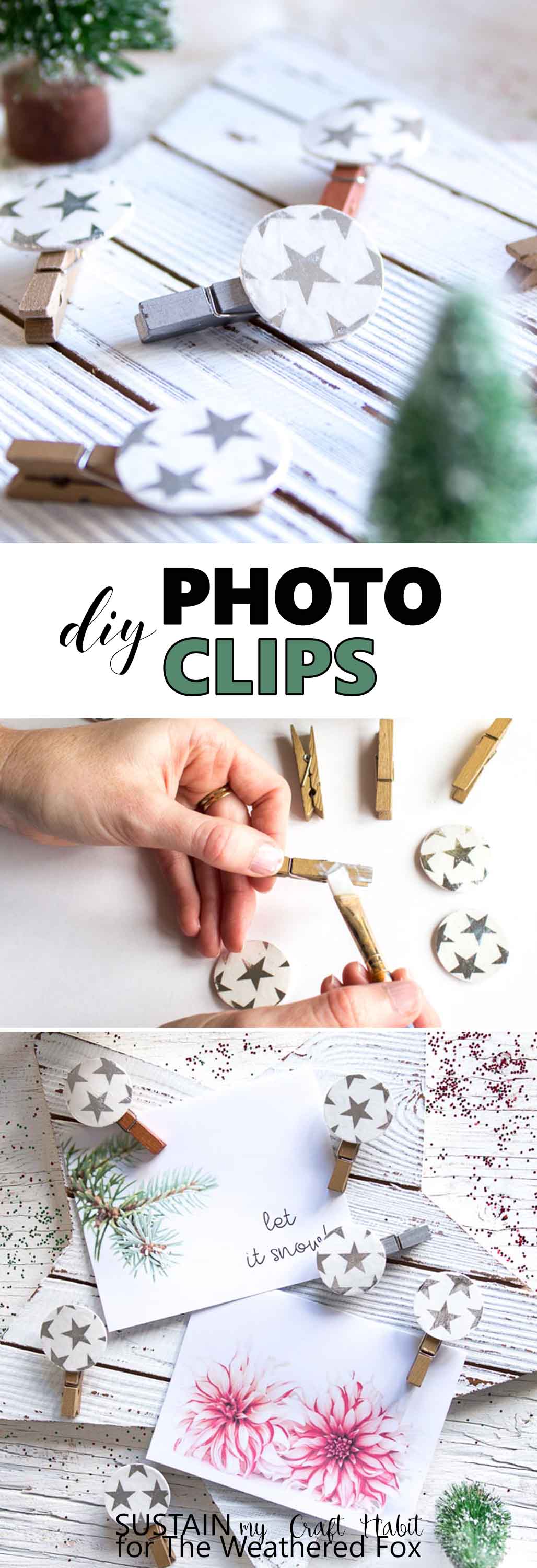 Make these adorable DIY photo clips for your Christmas card display or family photos. Crafts with wood circles. Christmas mantel greeting card display. #Christmasmantel #decoupage #crafts #photodisplay