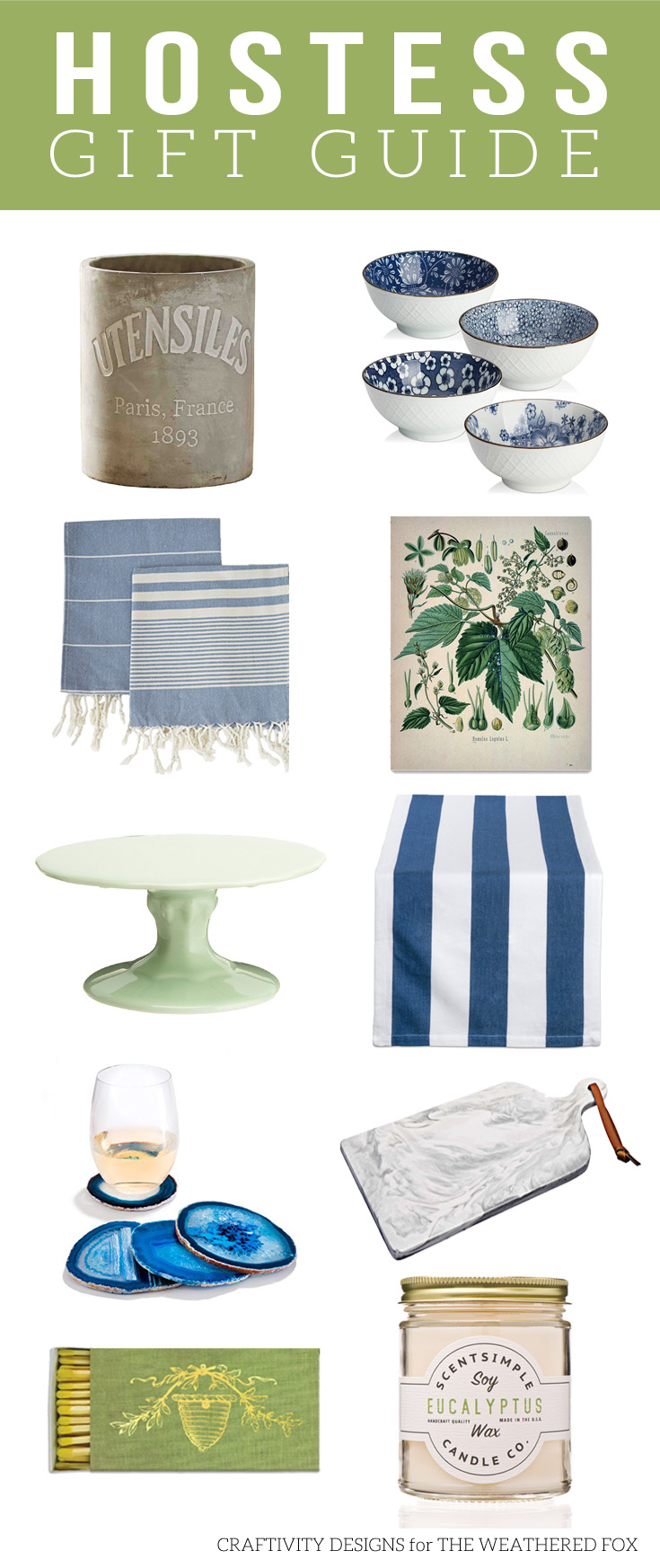 Hostess Gift Guide. Blue and Green. Farmhouse, Eclectic. Kitchenware, Servingware.