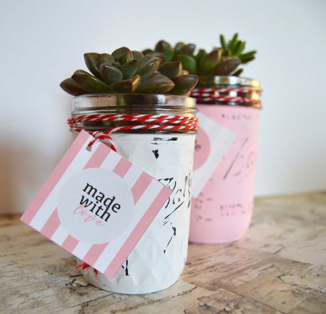 Chalkpaint Mason Jar Succulents with free printable gift tags