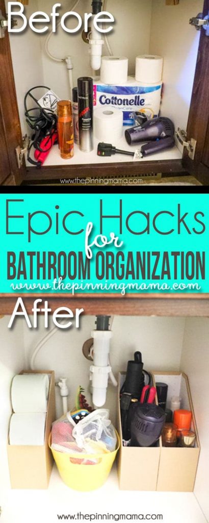 Get you bathroom organized once and for all with this ultimate list of bathroom organization ideas! These bathroom organization hacks will give you great ideas for organizing under the sink and for storage. They’ll work great whether your bathroom is big or small!