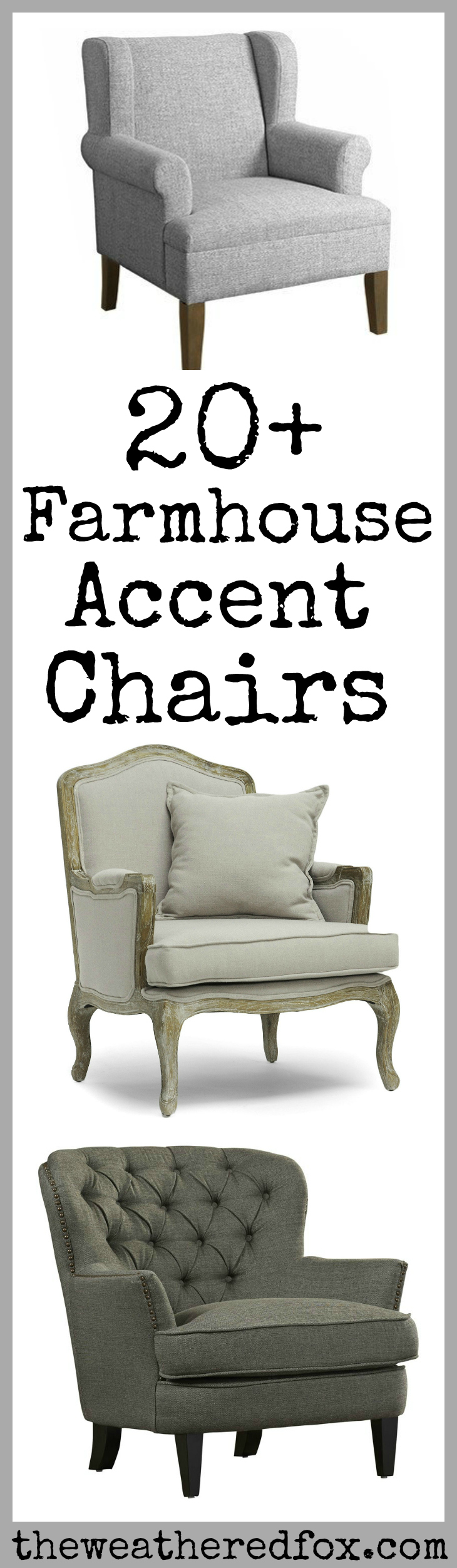 Elevate your living room style with a gorgeous farmhouse accent chair! I’ve gathered over 20 farmhouse living room chairs that will look fabulous whether your style is modern, french country or shabby chic! Check them out here!