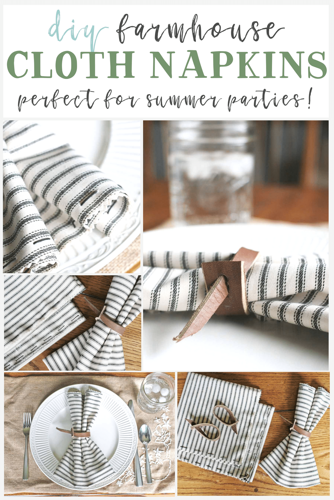 Set a farmhouse style table with DIY cloth napkins. Napkins made with ticking fabric are a simple and charming table linen.